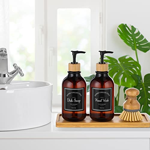 Zopeal 4 Pcs Kitchen Soap Dispenser Set with Bamboo Tray and Dish Brush Plastic Soap Dispenser Set with Waterproof Labels for Hand Dish Lotion(Brown) - color: Brown