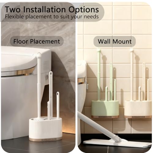 4 in 1 Toilet Cleaner Brush Toilet Bowl Brush and Holder Set Silicone Toilet Brush，Stuff Floor Standing or Wall Mounted Toilet Scrubber Without Drilling (White)