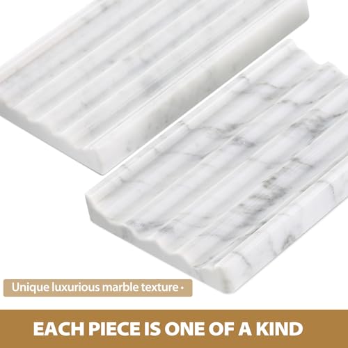 2PCS Koville Italian Natural Marble Soap Dish for Shower, Stone Soap Tray for Bathroom, Bar Soap Holder for Sink, Stripe Grooves Saver Keep Bars Dry Easy Clean (Bianco Carrara) - color: Bianco Carrara