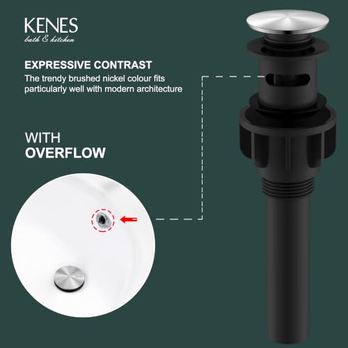 KENES Bathroom Sink Drain Stopper Pop up Sink Drain with Overflow, Brushed Nickel Lavatory Bathroom Vanity Sink Drain Assembly, Built-in Anti-Clogging Strainer - color: Brushed Nickel, size: Big Pop up Cap (With Overflow)