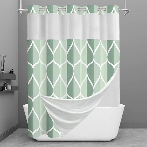 Yiatn No Hook Dark Green Double Shower Curtain with Snap in Fabric Liner Set - Hotel Style with See Through Mesh Top Window, Modern Geometric Waterdrop Design,Waterproof and Washable, 71x74 INCH - color: Dark Green, size: 71"W x 74"L (Pack of 1)