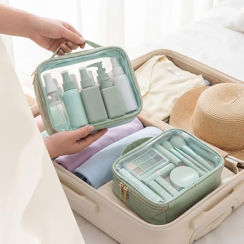 Abbylike 6 Pcs Clear Makeup Bags Bulk 7.9 x 5.9 x 2.4 Inches Quart Size Approved PU Leather Toiletry Bag with Handles Small PVC Clear Travel Cosmetic Case for Women Wedding Bridal Gifts(Green) - color: Green