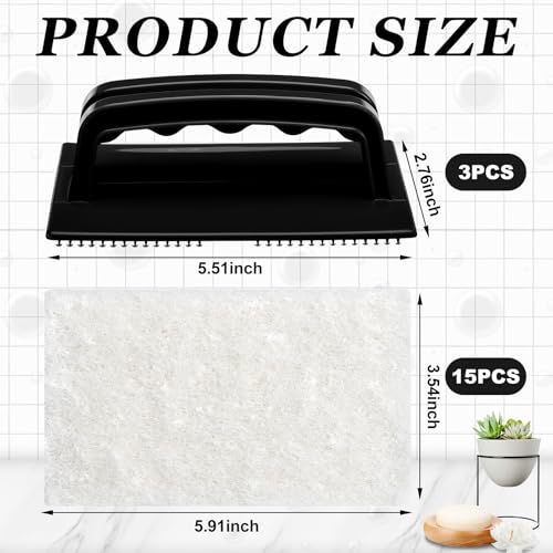 Maxdot 18 Pcs Handled Bath Scrubber Set, 15 Bathroom Scouring Pad 3 Bathtub Scrubber with Handle Non Scratch Soap Scum Remover for Cleaning Sink Shower Tile Swimming Pool Step Corner (Black and White) - color: Black and White
