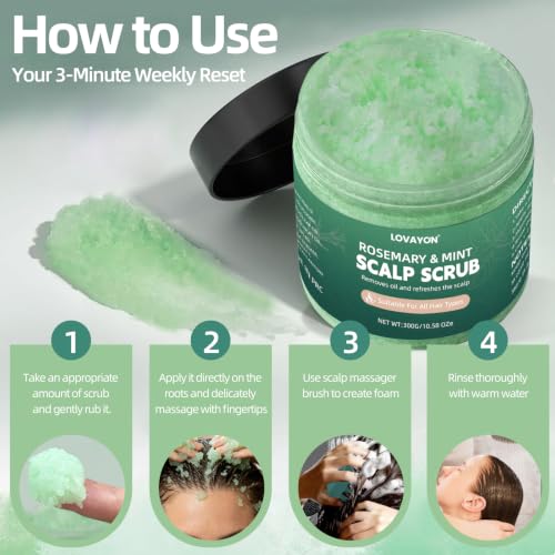 Rosemary Scalp Scrub & Exfoliator for Fuller Hair - Sea Salt & BHA Scalp Treatment with Silicone Massager Brush - Deep Cleanser for Oily Roots, 10.58oz