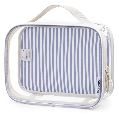 Narwey TSA Approved Clear Toiletry Bag for Travel, Waterproof PVC Clear Makeup Bags, Portable Compact Cosmetic Bag Make Up Organizer, Airport Airline Quart Size Compliant Bag (Greyish Blue Stripe) - color: Y-Greyish Blue Stripe