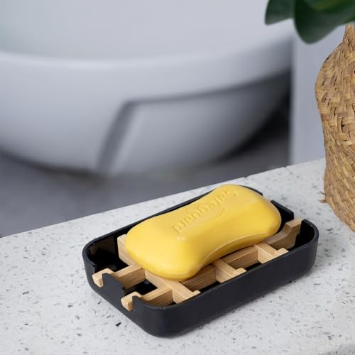 Bamboo Fiber Soap Holder & Dish Combination, Black | Bathroom Bar Soap Holder, Sink Deck, Bathtub, Shower Tray - color: Black