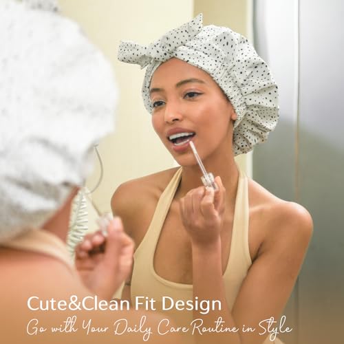 Yanibest Shower Cap for Women Reusable Waterproof, Adjustable Non-Slip Shower Hair Cap, Washable Bath Hat - color: White Dot