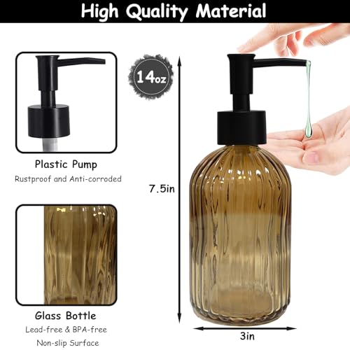 Black Pump Glass Soap Dispenser, 13.5oz Brown Stripe Countertop Refillable Liquid Bottle Hand Dish Lotion Dispenser with Plastic Pump, for Kitchen, Bathroom Countertop - color: Brown