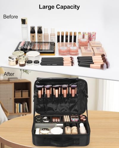 Relavel Makeup Bag Train Case for Women Travel Cosmetic Organizer with Adjustable Dividers and Brush Compartment, Large Storage Box for Cosmetics, Toiletries, Nail Polish, Jewelry, Electronic (Black) - color: Black, size: Medium