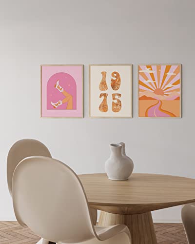 HAUS AND HUES Pink Wall Art -Set of 3 Preppy Pictures, 70s Room Decor, Modern Orange Funky Aesthetic Posters, Retro Art Prints (Beige Frame, 12x16) - color: Pink 70s, size: 12"L x 16"W, style: Beige Framed