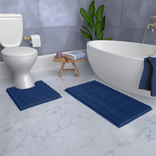 Bathroom Rugs Sets 2 Piece, Luxury Chenille Bath Mat Set, Soft Plush Anti-Slip Bath Rug + U-Shaped Toilet Mat. Microfiber Shaggy Carpet, Super Absorbent (24” x 36” & 20” x 24” U, Blue) - color: Blue, size: 2 Piece Set - Large