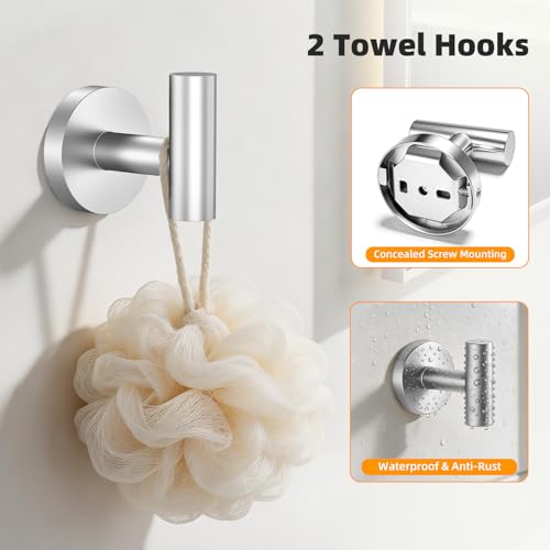 Brushed Nickel 5-Piece Bathroom Hardware Set, 23.6 Inch Towel Bar Set SUS304 Stainless Steel Towel Racks Round Towel Bar, Towel Ring, Toilet Paper Holder, 2 Robe Hooks, Wall Mounted - color: Brushed Nickel