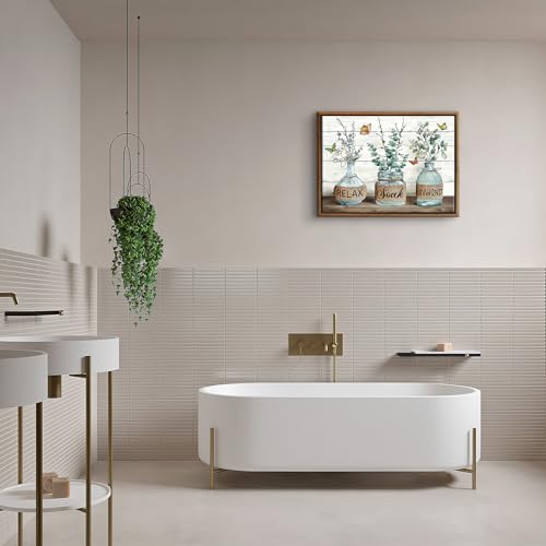 BJVJKSU Framed Farmhouse Bathroom Wall Art Rustic Green Botanical Bathroom Canvas Wall Decor Relax Soak Unwind Painting Print Eucalyptus Butterfly Picture Artwork Decor(12x16in) - color: Green framed, size: 16"L x 12"W
