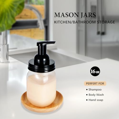 Amolliar Plastic Mason Jar Foaming Soap Dispenser with Pump Lid,16OZ Refillable Hand Soap Dispenser Set with Cute Lables - Farmhouse Decor for Kitchen/Bathroom, Lotion Liquid Dish Soap (4 Pack, Black) - color: Clear Jar With Black Pump, size: 4 Pack