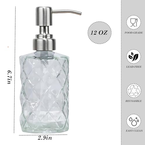12Oz Clear Glass Soap Dispenser with Stainless Steel Pump, Refillable Kitchen Liquid Hand Soap Dispenser with Diamond Design, for Dispense Hand soap, Dish Soap, Lotion, Bathroom, Countertop, Hotel - color: Diamond Clear