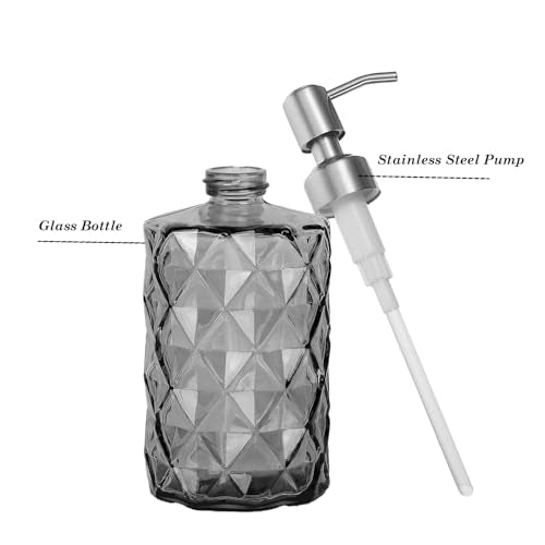 12Oz Gray Glass Soap Dispenser with Stainless Steel Pump, Refillable Kitchen Liquid Hand Soap Dispenser with Diamond Design, for Dispense Hand soap, Dish Soap, Lotion, Bathroom, Countertop, Hotel - color: Diamond Gray