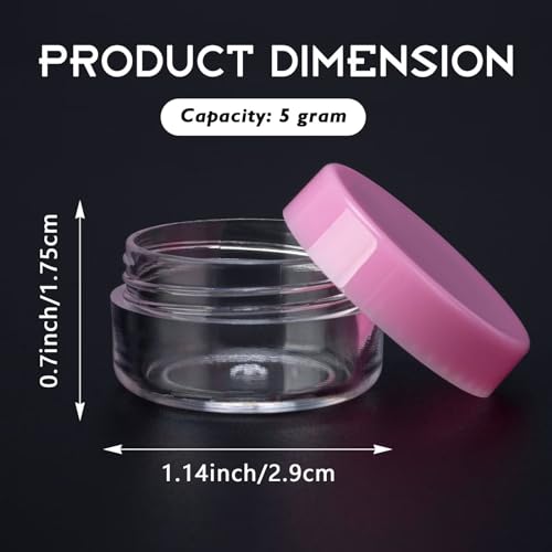 25 Count 5 Gram Sample Containers, Clear Lip Balm Containers with Lids, Small Plastic Sample Jars with 2 Mini Spoons, 25pcs Labels (Pink Lid) - color: Pink, size: 25 Count