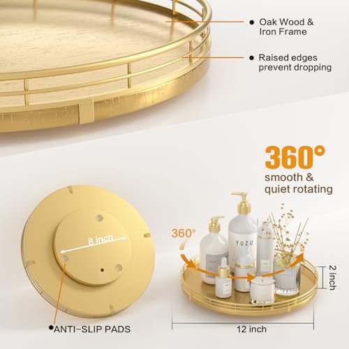 12" Gold Lazy Susan for Table Top, Oak Wood Lazy Susan Turntable Organizer for Dining Coffee Table Centerpiece Bar Decor Kitchen Countertop Bathroom Vanity Decorative Tray for Perfume Jewelry Round - color: Golden, size: 12