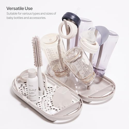 MOTHER-K Travel Baby Bottle Drying Rack Set - Baby Bottle Cleaner Kit with Cleanser and Mini Silicone Bottle Brush, Portable Bottle Drying Rack for Home and Travel (Cream Mocha)