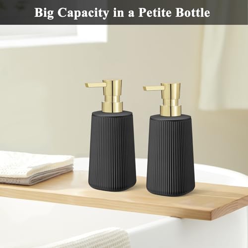 Black and Gold 2 Pack Hand Soap Dispensers Set with No Rust Pump for Bathroom and Kitchen Countertops Refillable Matte Striped Plastic 8.5 oz - color: Black and Gold Set of 2