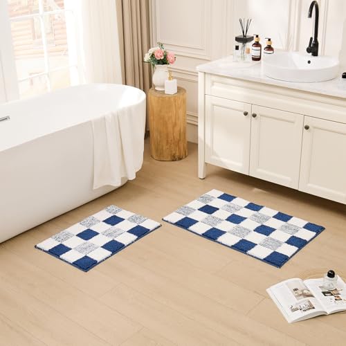 CozeCube Bath mats for Bathroom Non Slip, Fluffy Absorbent Microfiber Bath mat Washable, Aesthetic Bathroom Rugs, Cute Navy Blue Checkered Bath mat, Navy Blue, 32" x 20" - color: Checkered-navy Blue, size: 2'8" x 1'8" (Rectangular)