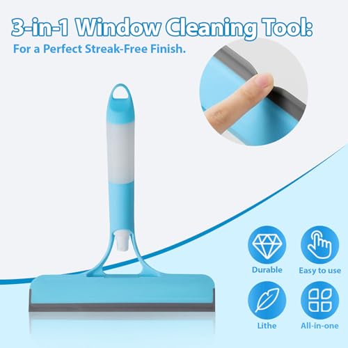 3 in 1 Window Cleaning Scraper Shower Squeegee for Glass Doors Mirror with Sprayer Squiggy for Windshield Cleaner Tool Washing Spray Home Floor Scraper(Blue)