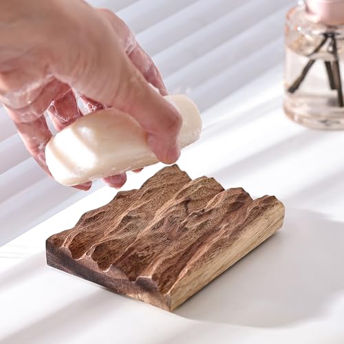 Acacia Wooden Soap Dish with Self Draining, Funny and Modern Multi Shape Design, Soap Holder for Sink Countertop, Shower & Bathroom Soap Tray。 (Wave-4.72“x3.47"x0.86") - size: Wave-4.72“x3.47"x0.86"