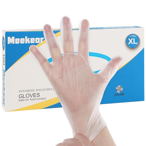 Meekear 100 PCS Food Prep Disposable Gloves, TPE Clear Latex-Free Food Safe Cleaning Gloves, BPA Free, Powder Free, Oil Tight, X-Large