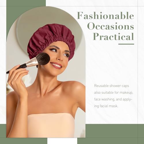 Edoneery Reusable Shower Caps for Women, Waterproof Long Hair Bonnet | Washable Design, Wide Elastic Band, Large Fit, Holds Long Hair, Braids Friendly, Bath Accessories, Spa, Travel - color: Burgundy