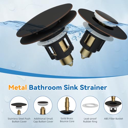 Universal Metal Bathroom Sink Stopper Hair Catcher, Oil-Rubbed Bronze | Pop-Up Sink Drain Strainer with Detachable Filter, Drain Plug Fits 1.1"-2.36" US Basin, Large Cover Cap, Brass Bounce Core - color: Oil Rubbed Bronze