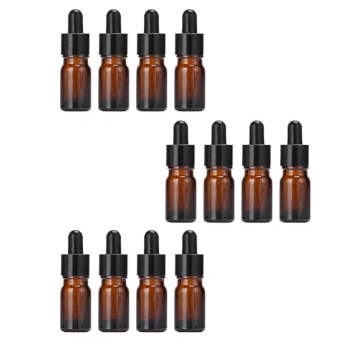 erioctry 5ML/10ML Amber Glass Essential Oil Bottles and Eyed Dropper Black Caps Makeup Cosmetic Sample Container Boxes of Glass for Essential Oil Aromatherapy Use(Pack of 12) (5ML) - size: 5ML