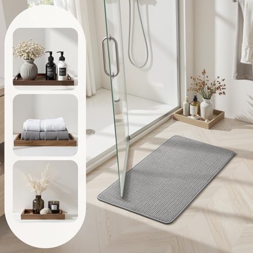 HOMEIDEAS Bathroom Rugs Set 2 Piece, Ultra Thin Non-Slip Bath Mats Rubber Backed, Chenille Absorbent Quick Dry Mats for Shower & Vanity, Low Profile Fits Under Door (Grey, 32"x20"+24"x17") - color: Grey