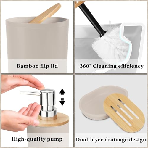 Britimes Bathroom Accessories Sets, Boho Shower Curtain Set with Trash Can, Soap Dispenser, Toilet Brush Holder, Toothbrush Holder and Toothbrush Cup for Bathroom Decor (Beige) - color: Beige