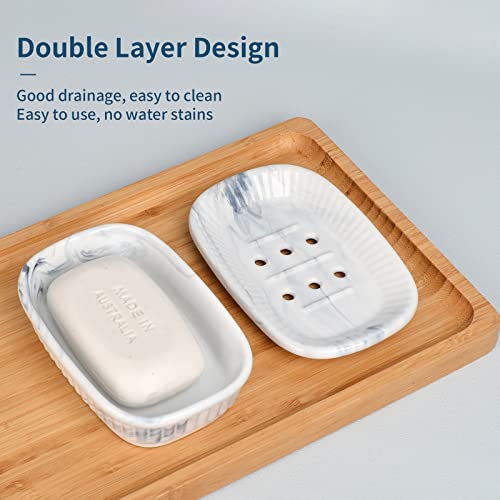 Ceramic Soap Dish, Self-draining Soap Holder, Double Layer Bar Soap Holder Marble Blue, Draining Soap Dishes for Bathroom Shower Kitchen, Easy to Clean, Keep Soap Dry, ANTIS'S HOME - color: Marble Blue