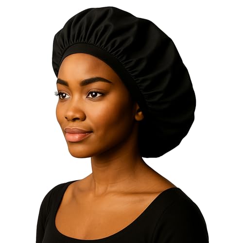 Reusable Oil Proof Nightcap, Protective Hair Bonnet and Shower Cap, Leakproof, Oilproof, and Waterproof, Black, Now 2 Sizes! - size: Medium-Large