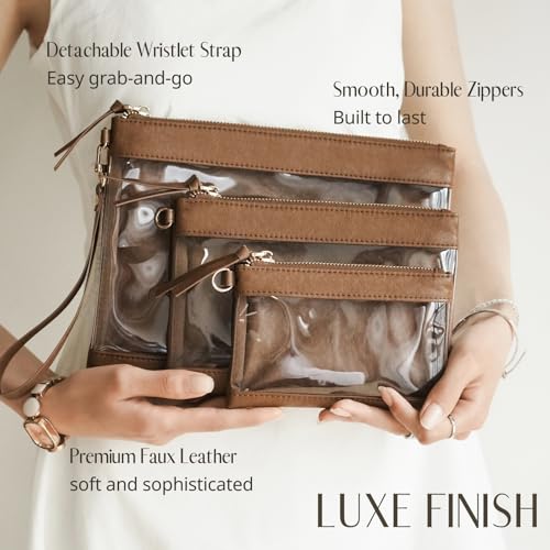 Popvibe Clear Makeup Bag with Zipper Travel Pouch Organizer Bag for Purse Cosmetic Bag Women Clear Travel Bag for Toiletry Traveling Car Essential Make Up Bag Set 3 Pack Brown - color: Brown
