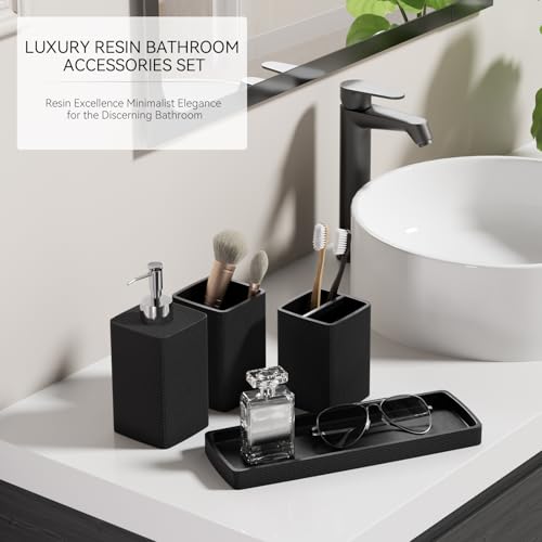 Resin Black Bathroom Sets, Black Bathroom Accessories Set with Shower Curtain, Bath Towel Set, Natural Loofah Sponge, Soap Dispenser, Toothbrush Holder, Bathroom Tumbler and Tray for Countertop - size: Bath Set+Shower Curtain+Towel Set+2PCS Loofah, style: