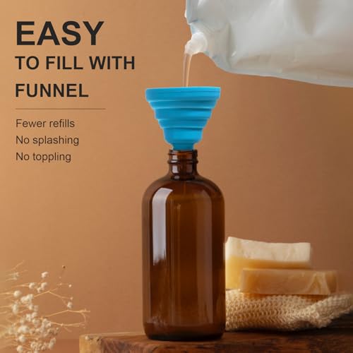 16oz/480ml Amber Glass Soap Dispenser Set, 2 Pack Dish Hand Soap Dispenser for Kitchen Bathroom, Clear Liquid Soap Bottle Dispenser with Bamboo Pump, Waterproof Labels, Funnel