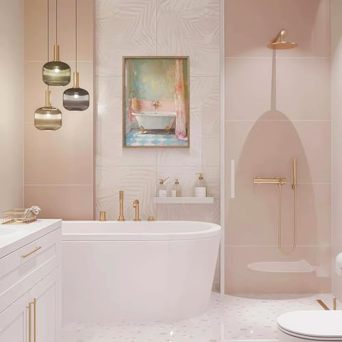Framed Vintage Bathroom Canvas Wall Art Oil painting style Bathtub Print Poster Picture Home Decor Gallery Style Painting Bathroom Living Room Apartment 12X16 Inch Ready to Hang - color: Pink blue bathroom, size: 16L" x 12W"