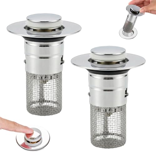 2PCS Pop Up Bathroom Sink Drain Strainer with Removable Stainless Steel Hair Catcher Basket