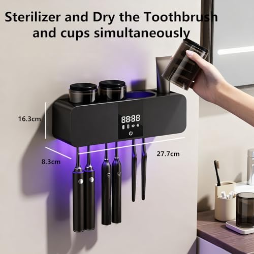Toothbrush Cleaner Holder, Recharging Wall Mounted Tooth Brushing Holder with Cleaner & Drying, 3-Cup - Family Home Bathroom Organizer, No-Drill Installation (Black) - color: Black