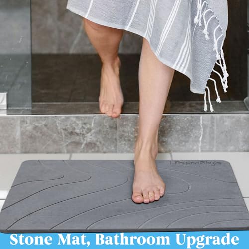 2 Pack Stone Bath Mat Diatomaceous Earth Shower Mat - Grey Wave Design Non Slip Super Absorbent Diatomite Stone Mats for Bathroom Floor Quick-Drying Easy to Clean (24 x 16 Inch)