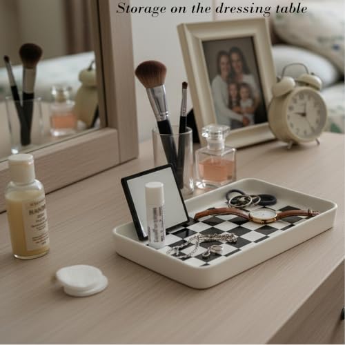 Texture Checkered Surface 10"×6"×1" Bathroom Vanity Tray for Countertop- Ceramic Decorative Organizer Tray for Dresser Top, Toilet, Perfume, Sponge Holder Soap Dish Dispenser for Kitchen Counter - color: White Color With Checkered Pattern-1 Pc