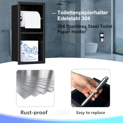 Neodrain Black Toilet Paper Holder, Contemporary Hotel Style Pivoting in Wall Tissue Holder, Stainless Steel Recessed Tissue Paper Roll Holder, Dual roll(Matte Black) - color: Matte Black, size: 6X12In