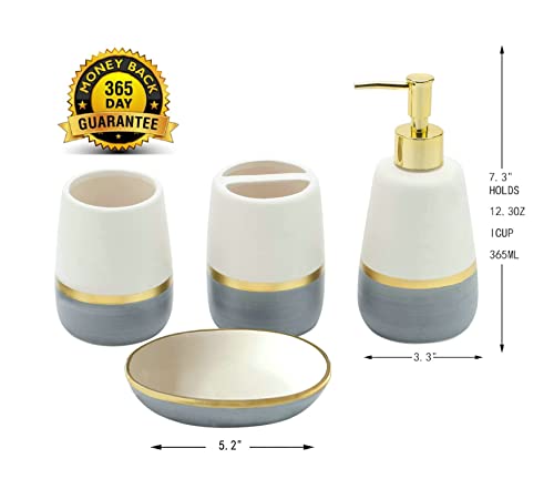 Grey Gold Bathroom accesory Set 4pc,Ceramic Bathroom Accessories Set Gray Bathroom Decor countertop Organize Include Toothbrush Holder soap Dispenser soap Dish Tumbler Cup Best Gift for Bath Storage - style: GREY