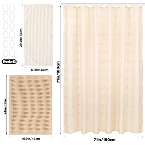 3 Pcs Boho Farmhouse Bathroom Shower Curtain Set with Waffle Bath Mat and Hand Towel Cream 71” x 71” Waterproof Neutral Shower Curtain Non Slip with 12 Hooks for Bathroom and Hotel Tub Decor
