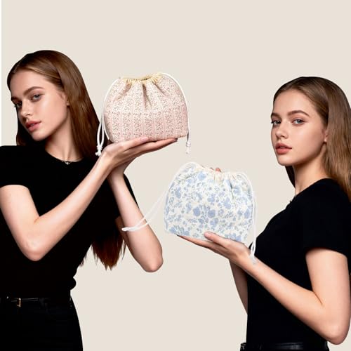 Gosect Large Makeup Bag, Cute Drawstring Cosmetic Bag with Canvas Lining, Floral Coquette Aesthetic Toiletry Bag, Travel Make Up Organizer Bag for Women and Girl (Blue Flower) - color: 035Blue Flower