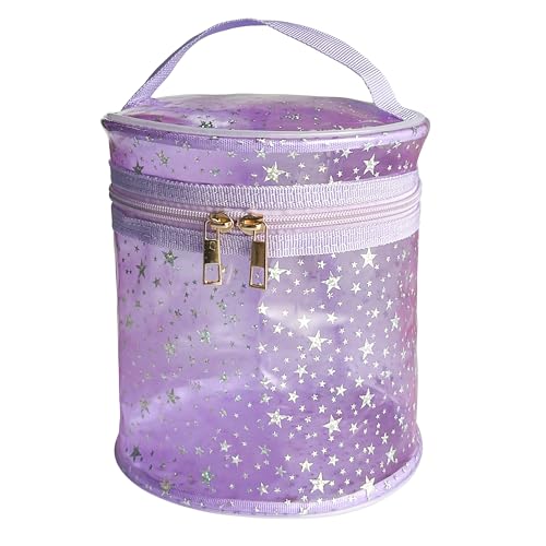 Waterproof Pink Star PVC Makeup Bag - 7.1x6.3in Barrel Cosmetic Organizer with Zipper, Portable Toiletry Pouch for Women & Men (Purple) - color: Purple