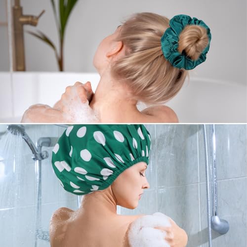 WSICSE 2 Packs Large Shower Caps for Women, Reusable Waterproof Shower Cap Bath Caps with Hair Scrunchies for Long Thick Hair (Blue/Green) - color: dark blue, dark green
