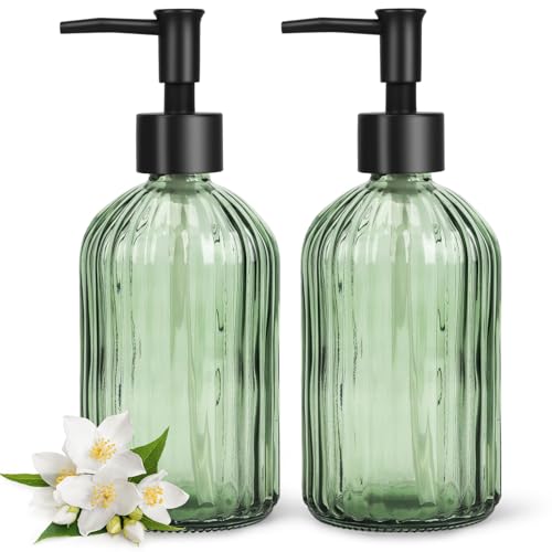 Topsky 2 Pack Glass Soap Dispenser with Plastic Pump, 400ml Liquid Hand Soap Dispenser, Rustproof Pump for Kitchen & Bathroom, Great for Lotions, Essential Oil, Liquid Soaps,Army Green - color: Stripe-green, size: Plastic Pump